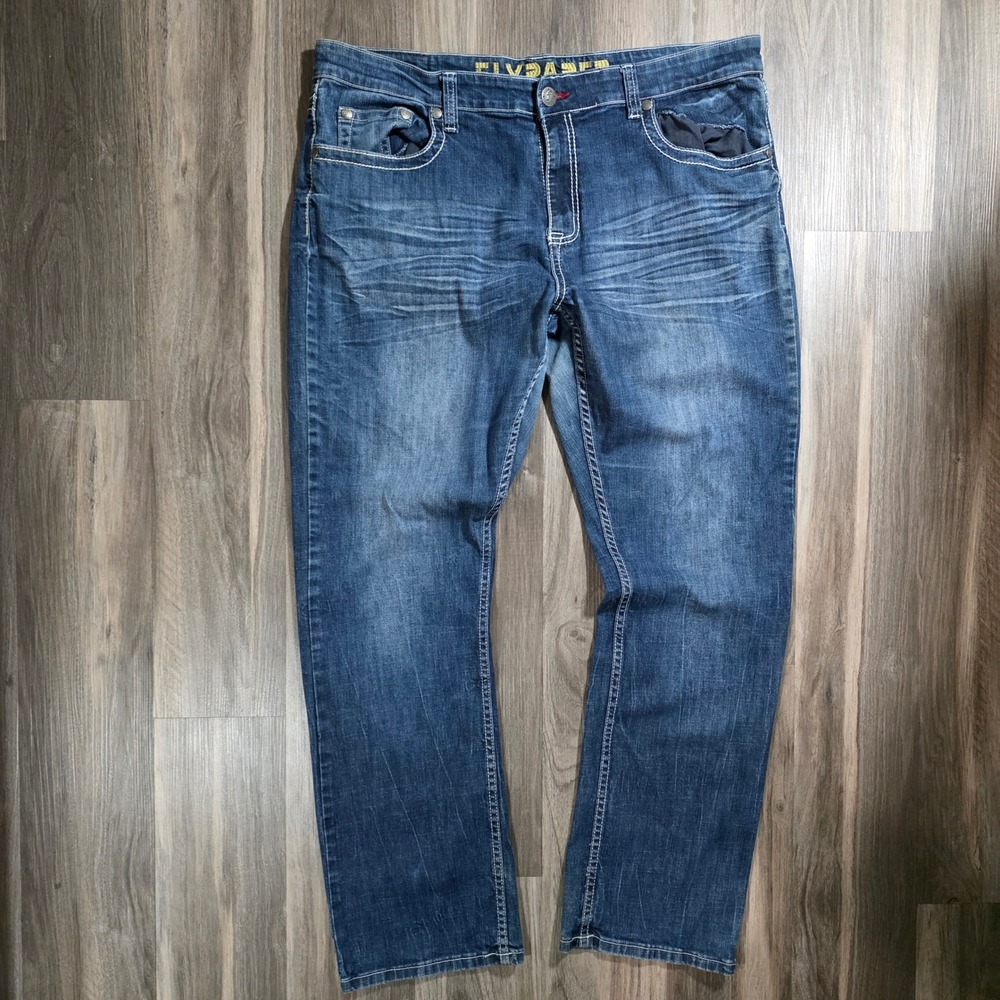 Flypaper Men's Straight Leg Dark Wash Blue‎ Jeans Contrast Stitch SK 1377 37x31